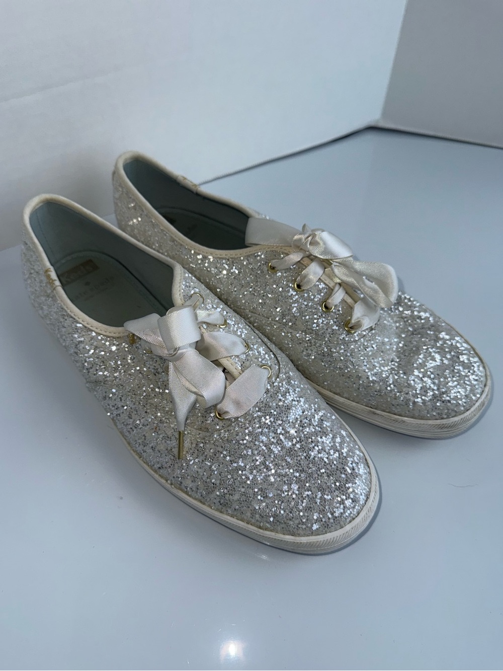 KATE SPADES X KEDS Low-Top ribbon laces bridal white glitter wedding sneakers 10